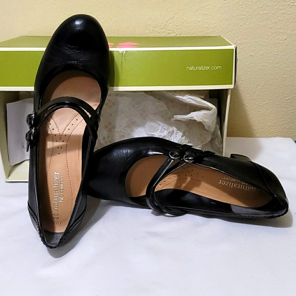 Black strapped block heels